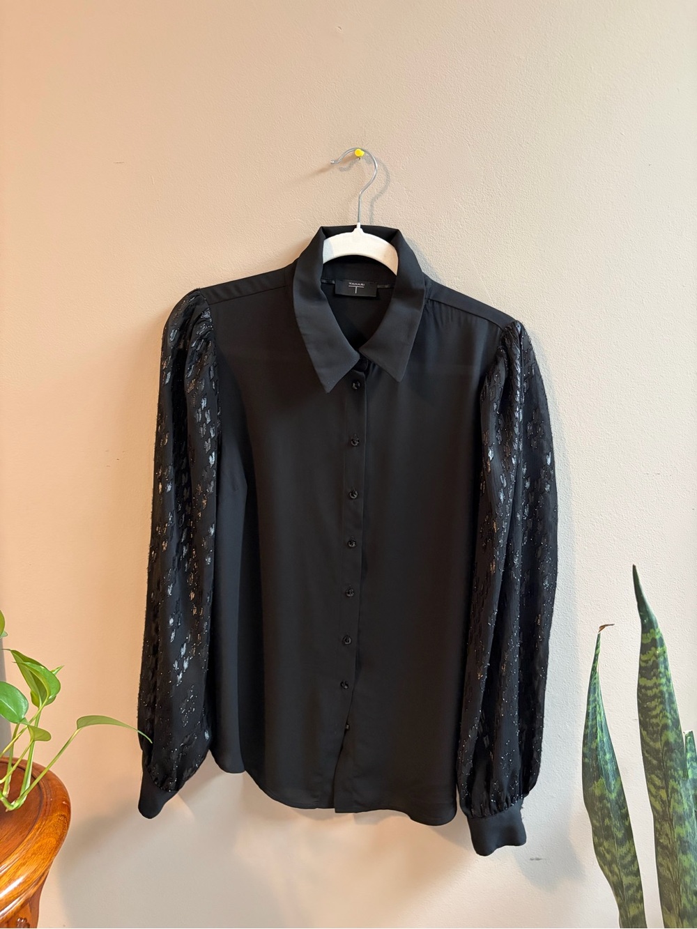 Tahari Black Button-Front Blouse with Sheer Lace Puff Sleeves